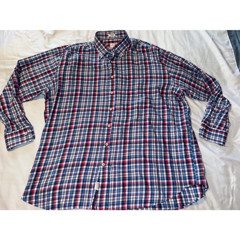 Peter Millar Mens XXL Plaid Button Down Shirt Blue Pink White Cotton Long Sleeve